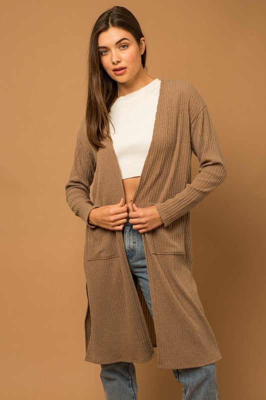 Taupe Ribbed Open Front Cardigan