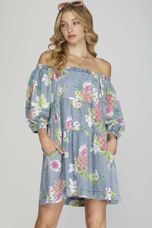 Washed Chambray Floral Print Dress | JQ Clothing Co.