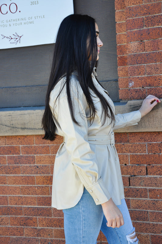Belted Button Up Faux Leather Jacket