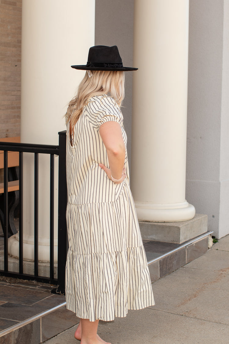 V-Neck Stripe Tiered Midi Dress | JQ Clothing Co.