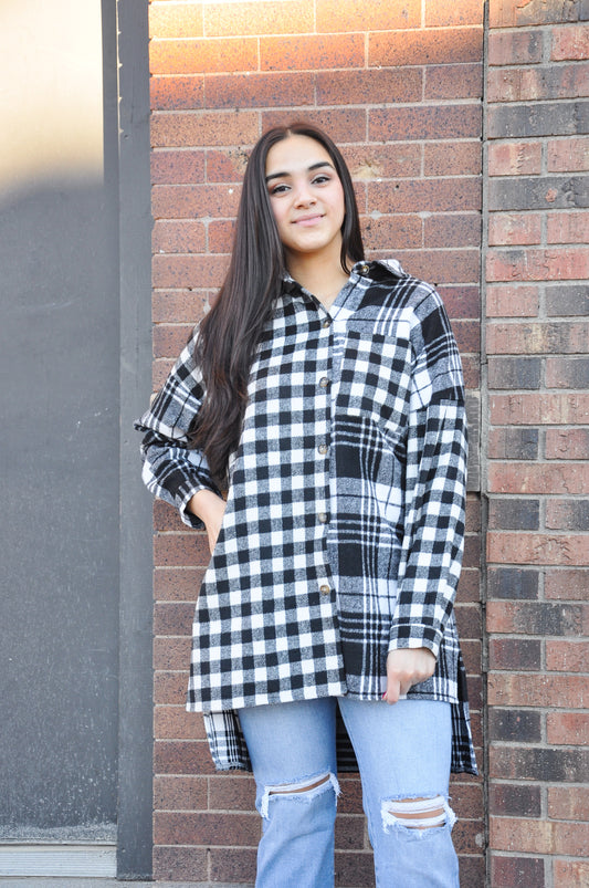 Multipattern Plaid Oversized Button Up