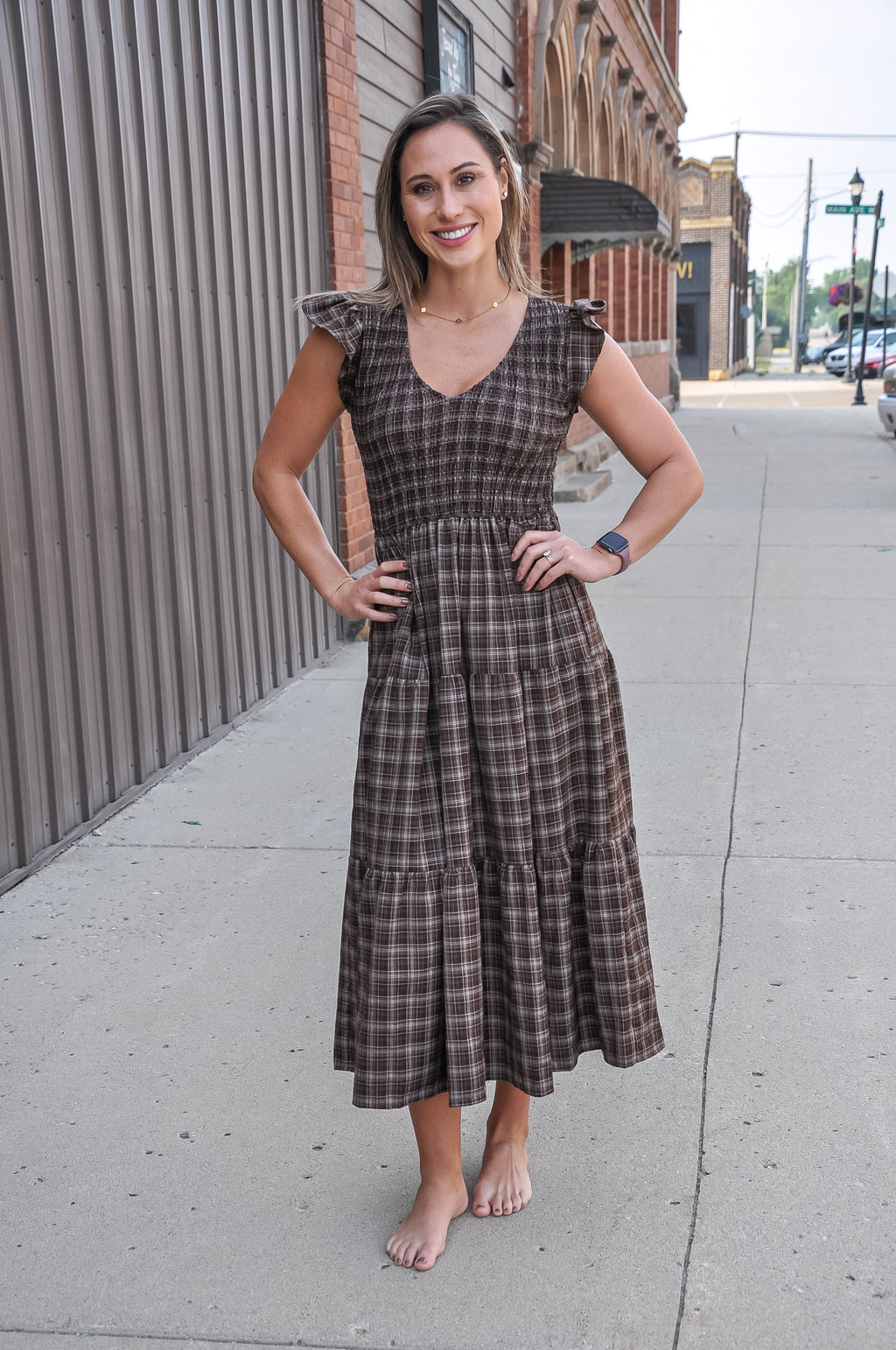 Plaid V Neck Smocked Midi Dress