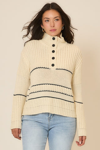 Curvy Contrast Stripe Button-Up Knit Sweater