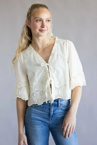 Floral Embroidery Tie Front V-Neck Blouse | JQ Clothing Co.