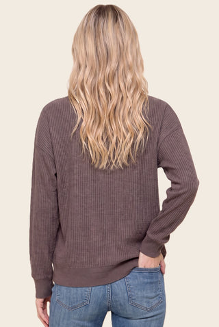 Split Neck Mini Waffle Knit Pullover Sweater