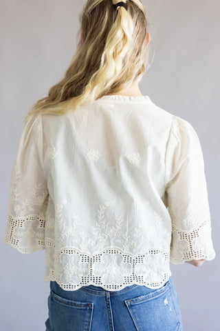 Floral Embroidery Tie Front V-Neck Blouse