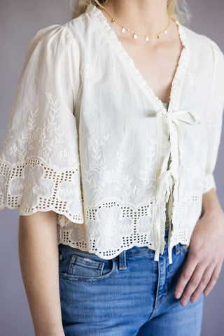 Floral Embroidery Tie Front V-Neck Blouse