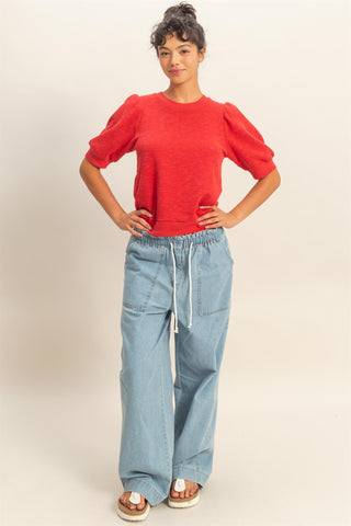 Red Puff SS Crew Neck Top, view 3