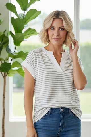 V-Neck SS Terry Striped Top