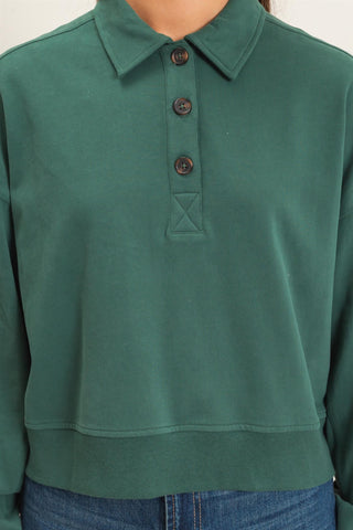 Washed Button-Front Collared Sweatshirt