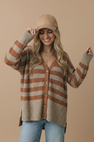 Caramel Taupe Curvy Stripe Popcorn V-Neck Cardigan