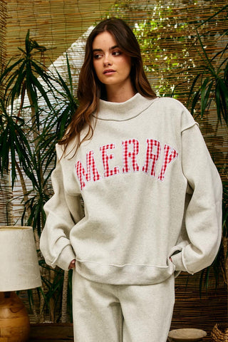 Appl Embr "MERRY" Varsity Mock Neck