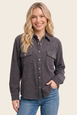 Charcoal Corduroy Western Button-Up Shirt with dual chest pockets