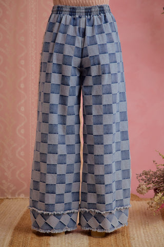 Checker Print Frayed Edge Wide Leg Jeans