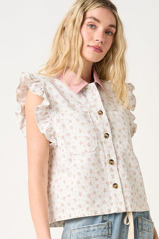 Floral Print Contrast Collar Top