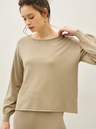 Fine Knit Boat Neck Balloon Sleeve Sweater Top
