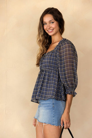 Blue Grey Woven Plaid Peplum Blouse