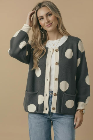 Curvy Button-Down Polka Dot Cardigan