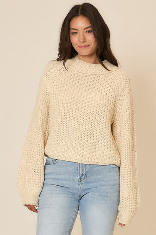 Mock Neck Cable Knit Sleeve Sweater