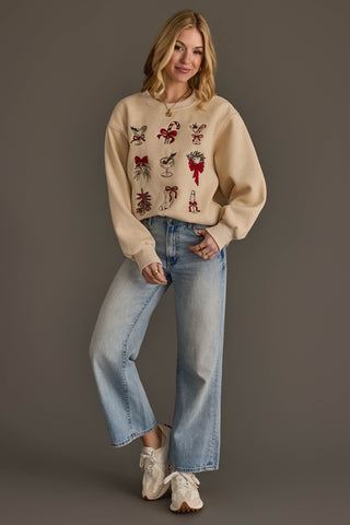 Beige Embroidered Christmas Sweatshirt