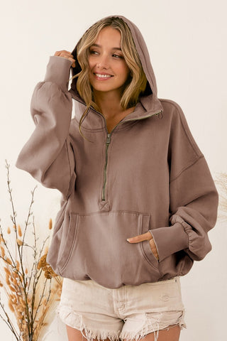 Stitch Detail Elastic Hem Half Zip Fleece Hoodie