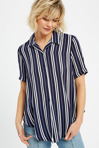 Navy Vertical Striped Short Sleeve