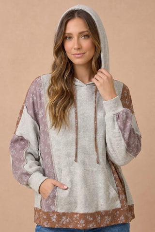 Curvy Floral Color Block Bubble Sleeve Hoodie