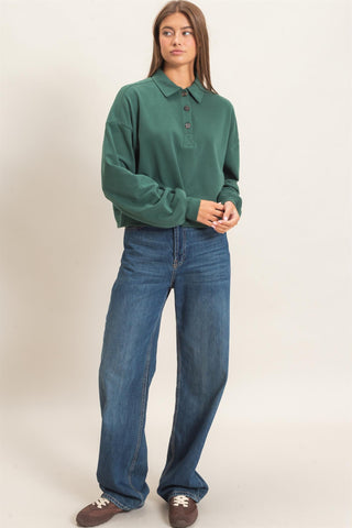 Washed Button-Front Collared Sweatshirt