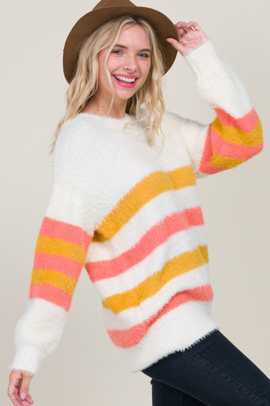 Fuzzy Peach Striped Sweater | JQ Clothing Co.