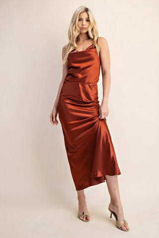 Elastic Waistband Satin Midi Skirt