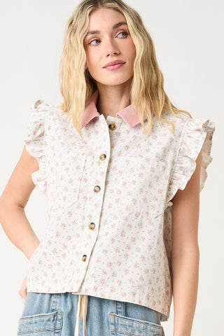 Floral Print Contrast Collar Top