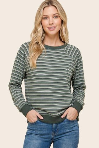 Micro Brushed Stripe Ribbed Crew Neck Top