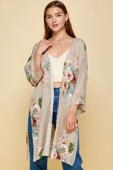 Floral Printed Taupe Kimono | JQ Clothing Co.