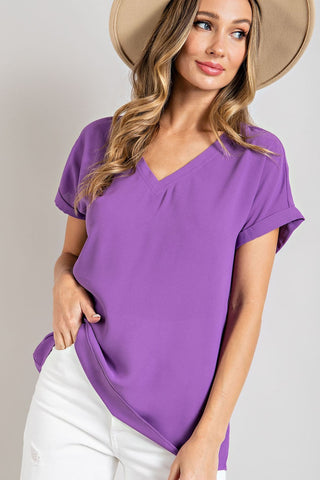 Cuffed Sleeve Basic Plus V-Neck