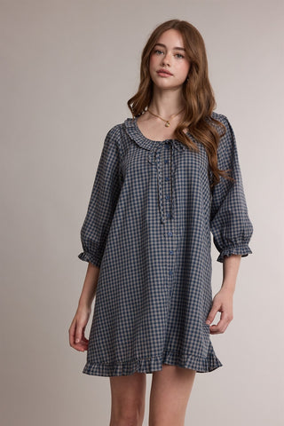 Gingham Tie Neck Ruffle Mini Dress