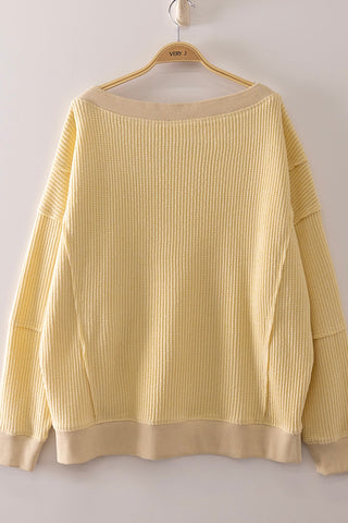 Butter Yellow Boat Neck Drop Shoulder Waffle Knit Top