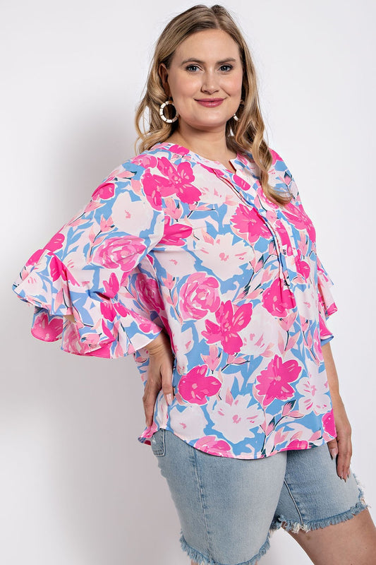 Curvy Floral Ruffled Bell Sleeve Top