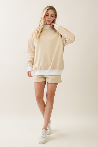 Mock Neck Striped Sweatshirt Short Set
