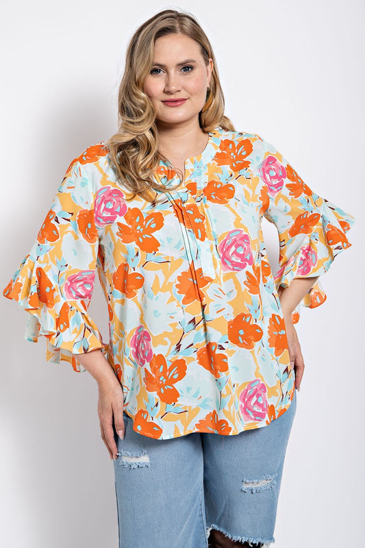 Curvy Floral Ruffled Bell Sleeve Top