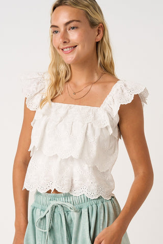 Embroidered Eyelet Ruffle Tier Crop Top