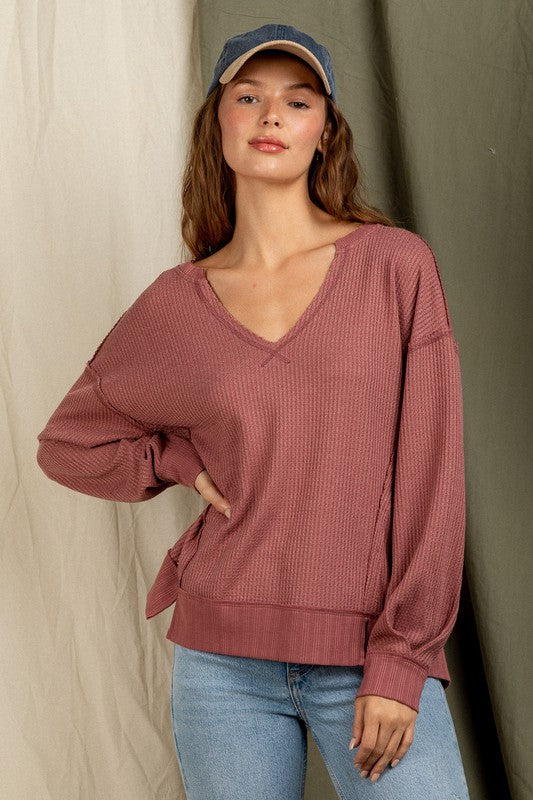 Classic Waffle Knit V-Neck Top