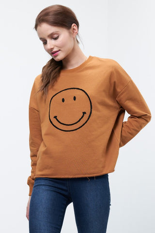 Smiley Stitched Cut Hem Crewneck