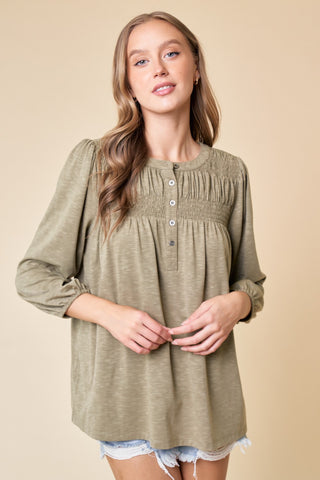 Olive Balloon Sleeve Smocked Yoke Henley | JQ Clothing Co.