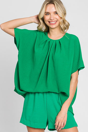Kelly Green Neck Pleated Blouse | JQ Clothing Co.