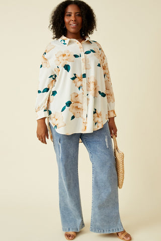 Curvy Romantic Floral Button Up Satin Shirt