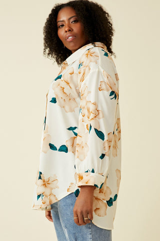 Curvy Romantic Floral Button Up Satin Shirt