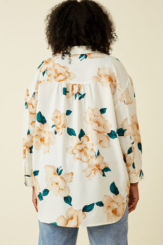 Curvy Romantic Floral Button Up Satin Shirt