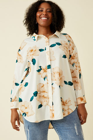 Curvy Romantic Floral Button Up Satin Shirt