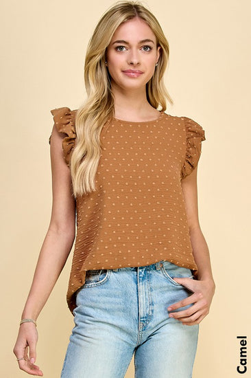 Solid Camel Dotted Ruffle Blouse | JQ Clothing Co.