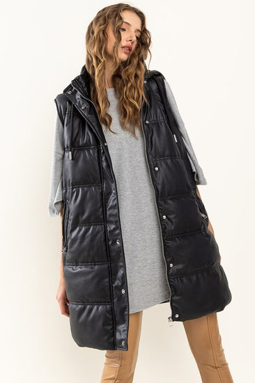 Faux Leather Hooded Puffer Vest | JQ Clothing Co.
